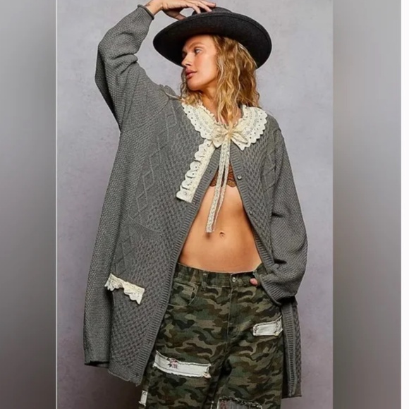 Pol “Cher 2” POL Long Sleeve V-Neck Cardigan with Varied Cable knit Patterns 84 - Picture 1 of 3